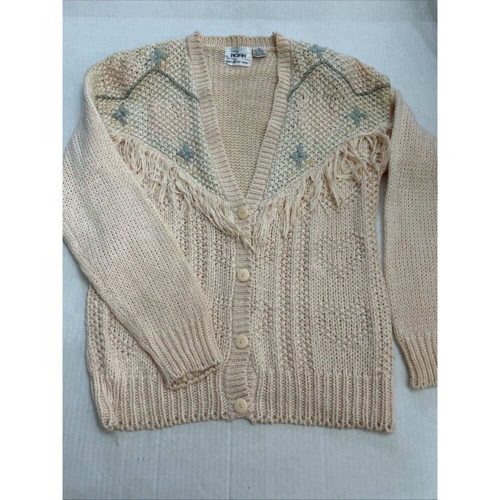 Vintage Fringe Mister Noah Knitted By Hand Cardigan Sweater Womens M Color Peach